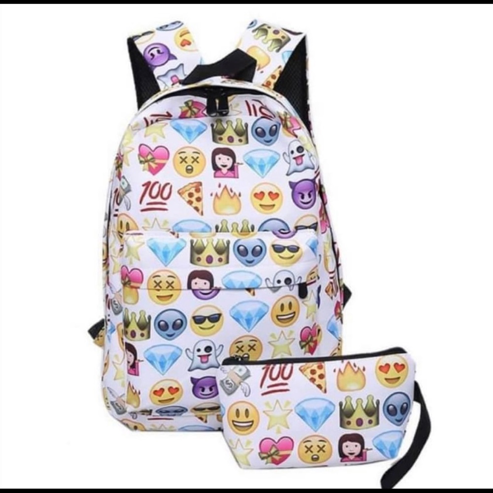 Emoji Cartoon Colorful Canvas Casual Retro Travel School Backpack & Pouch Set - Picture 2 of 7